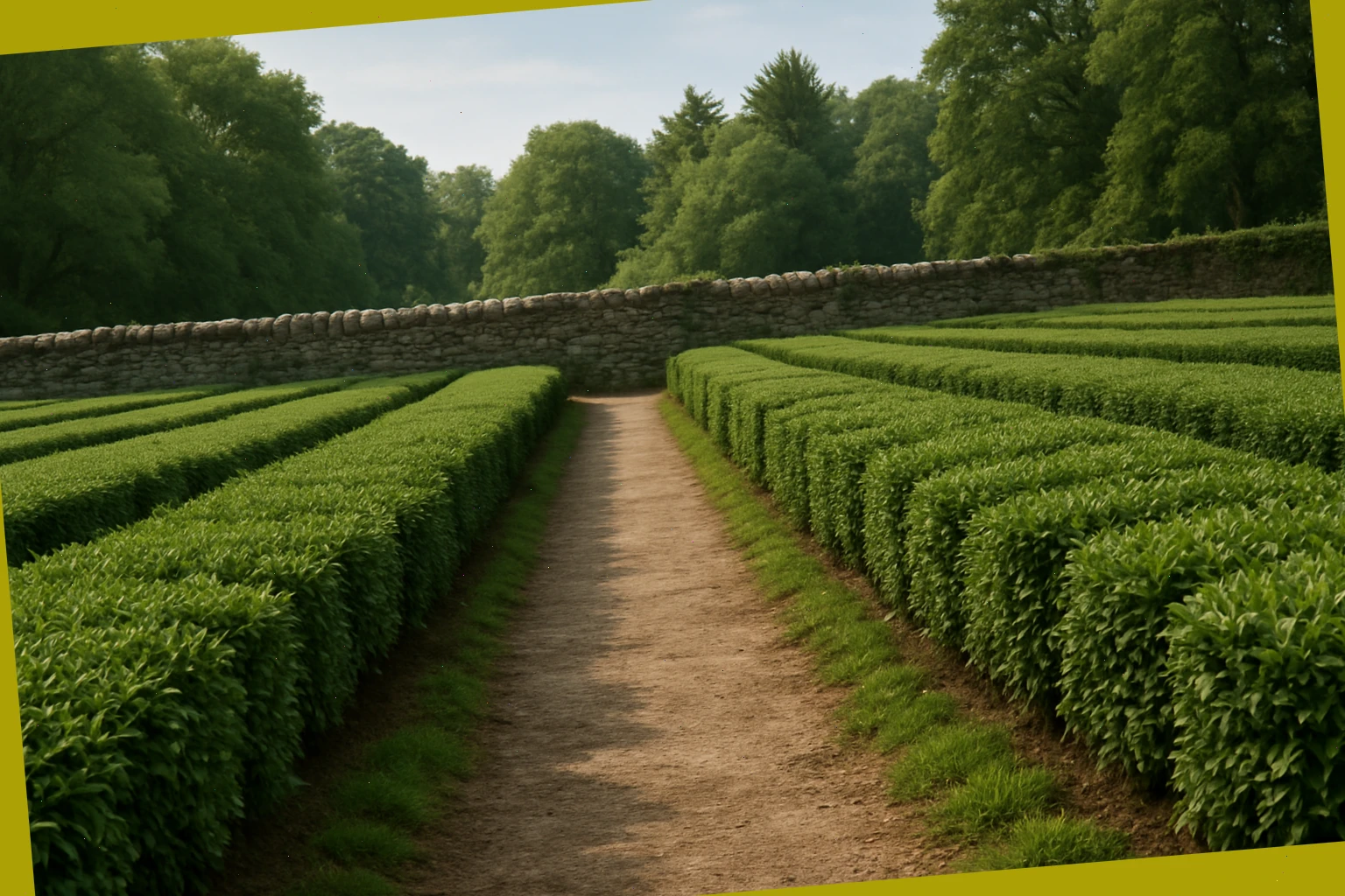 Path with low trimmed tea rows and a stone hedge beyond