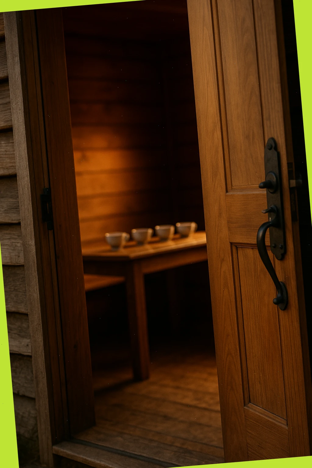 Wooden lodge door half open with warm light and tasting cups inside
