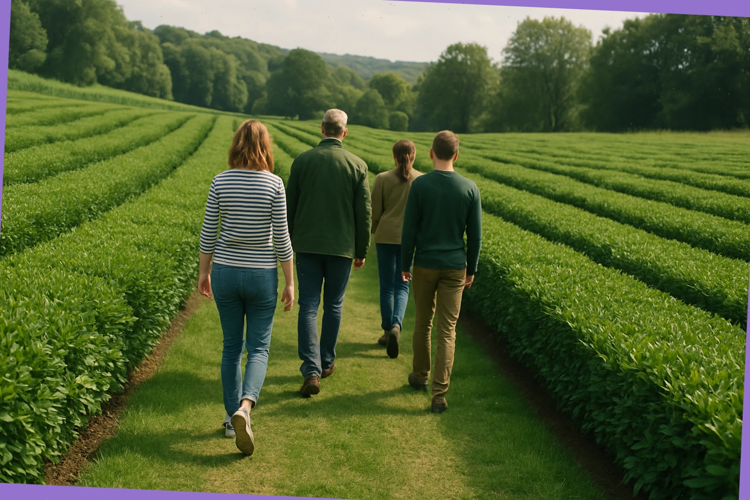 Small group walking a mown path between green tea rows