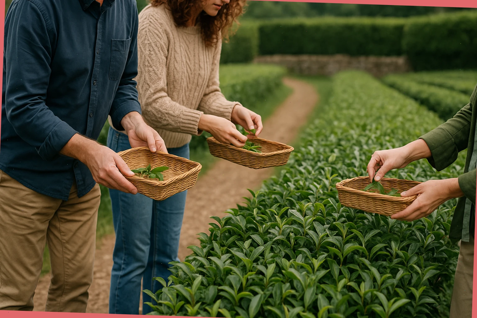 Visitors holding small wicker trays while picking fresh tea tips