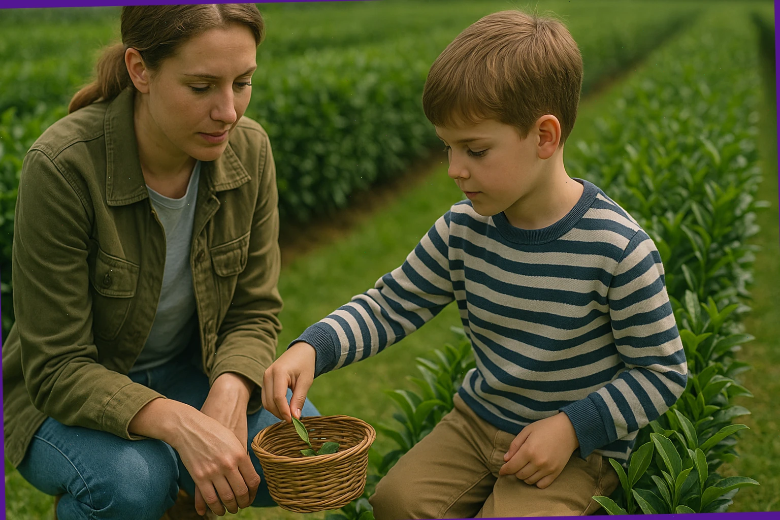 Child placing a leaf into a small basket beside a caretaker
