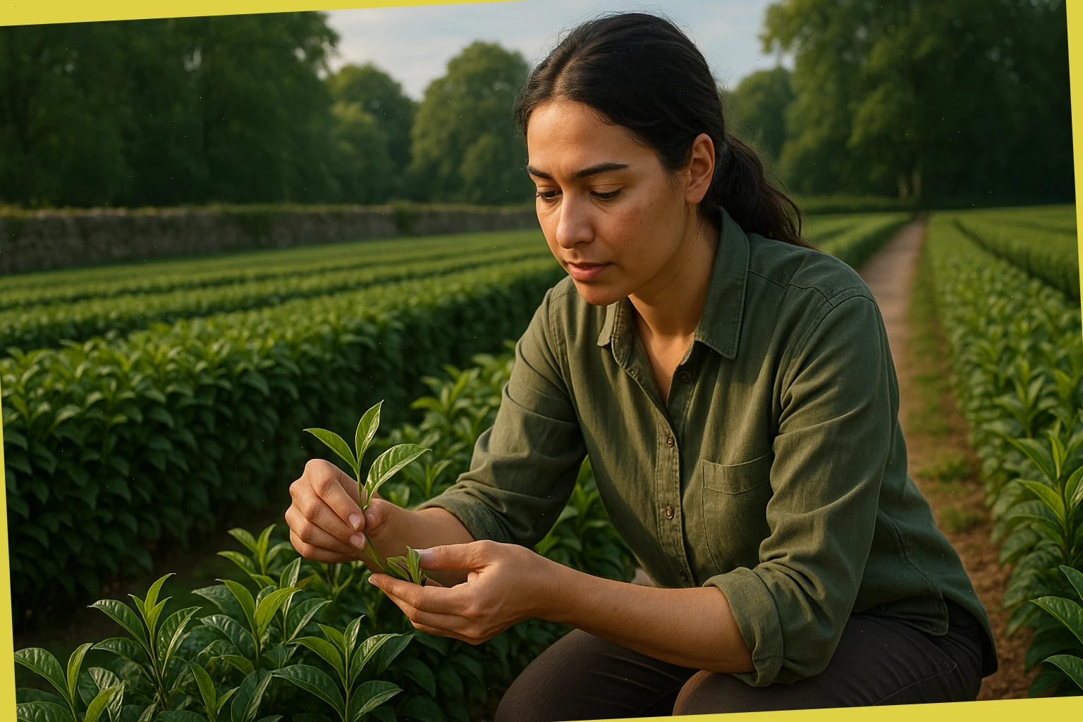 Maya, field lead, showing two-leaves-and-a-bud picking near the path