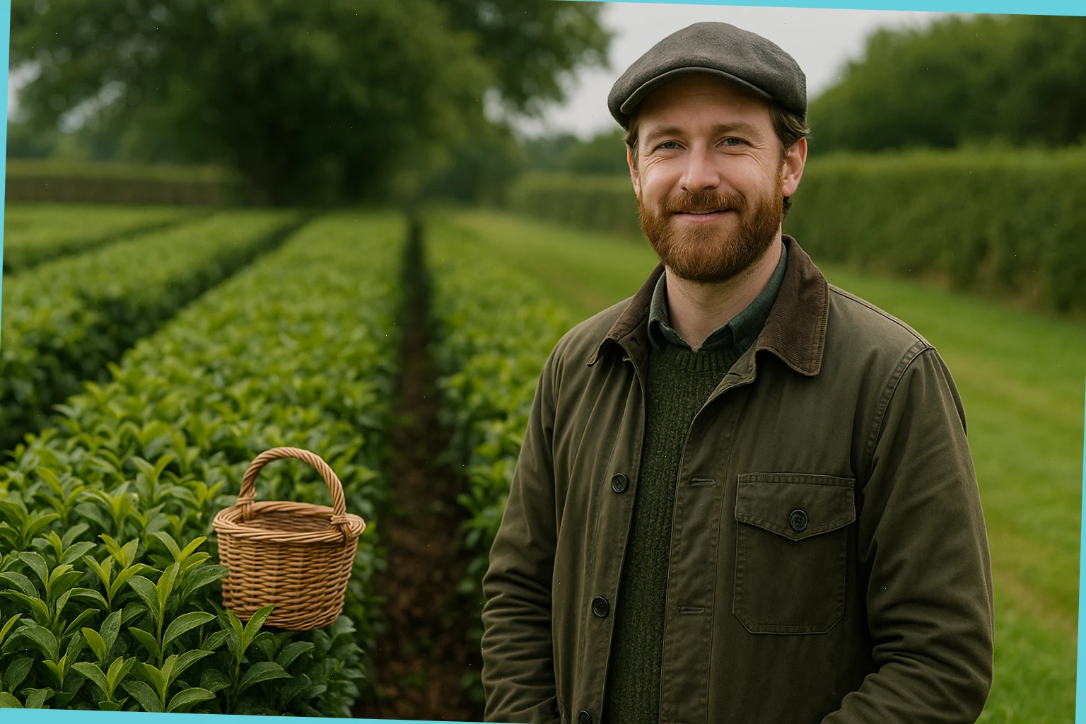 Tom, garden host, beside trimmed tea bushes and a small basket